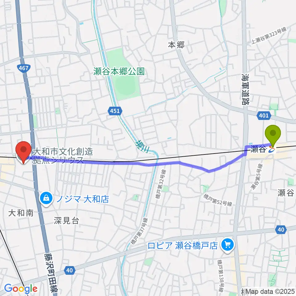 瀬谷駅からやまと芸術文化ホールへのルートマップ地図