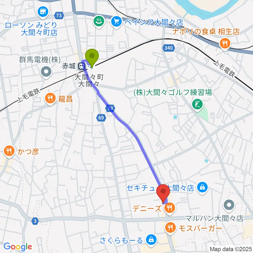 Watar Road Guitarsの最寄駅赤城駅からの徒歩ルート（約19分）地図