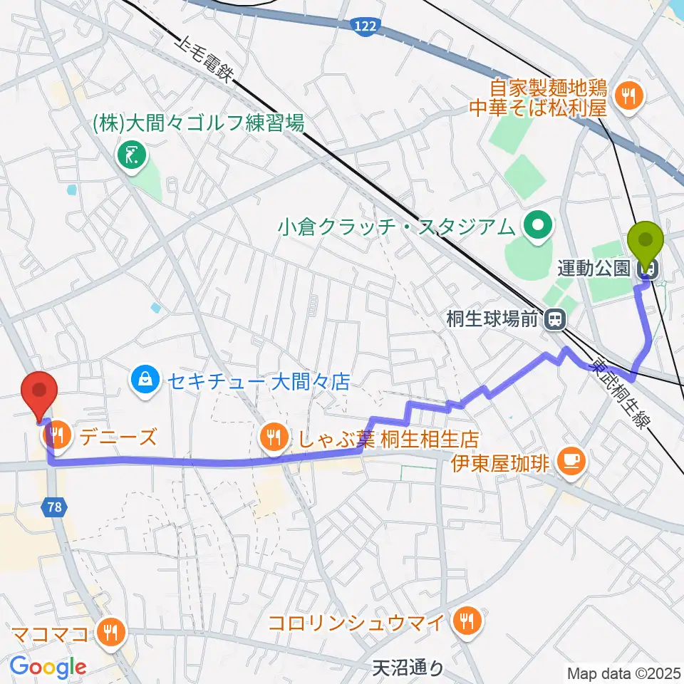 運動公園駅からWatar Road Guitarsへのルートマップ地図