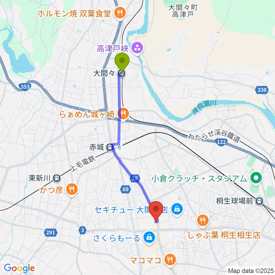 大間々駅からWatar Road Guitarsへのルートマップ地図