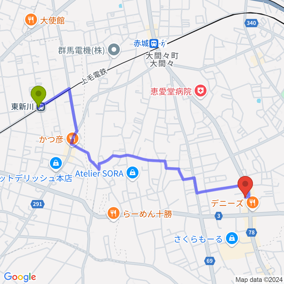 東新川駅からWatar Road Guitarsへのルートマップ地図