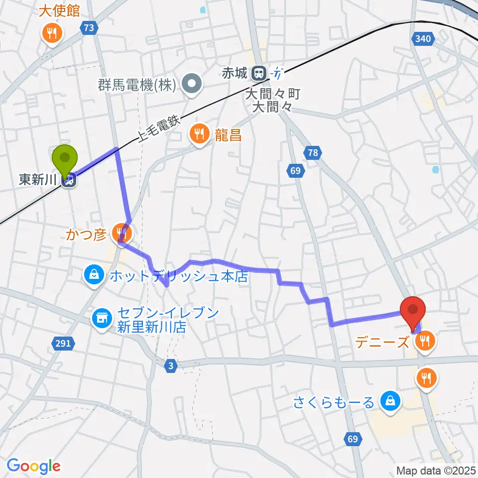 東新川駅からWatar Road Guitarsへのルートマップ地図