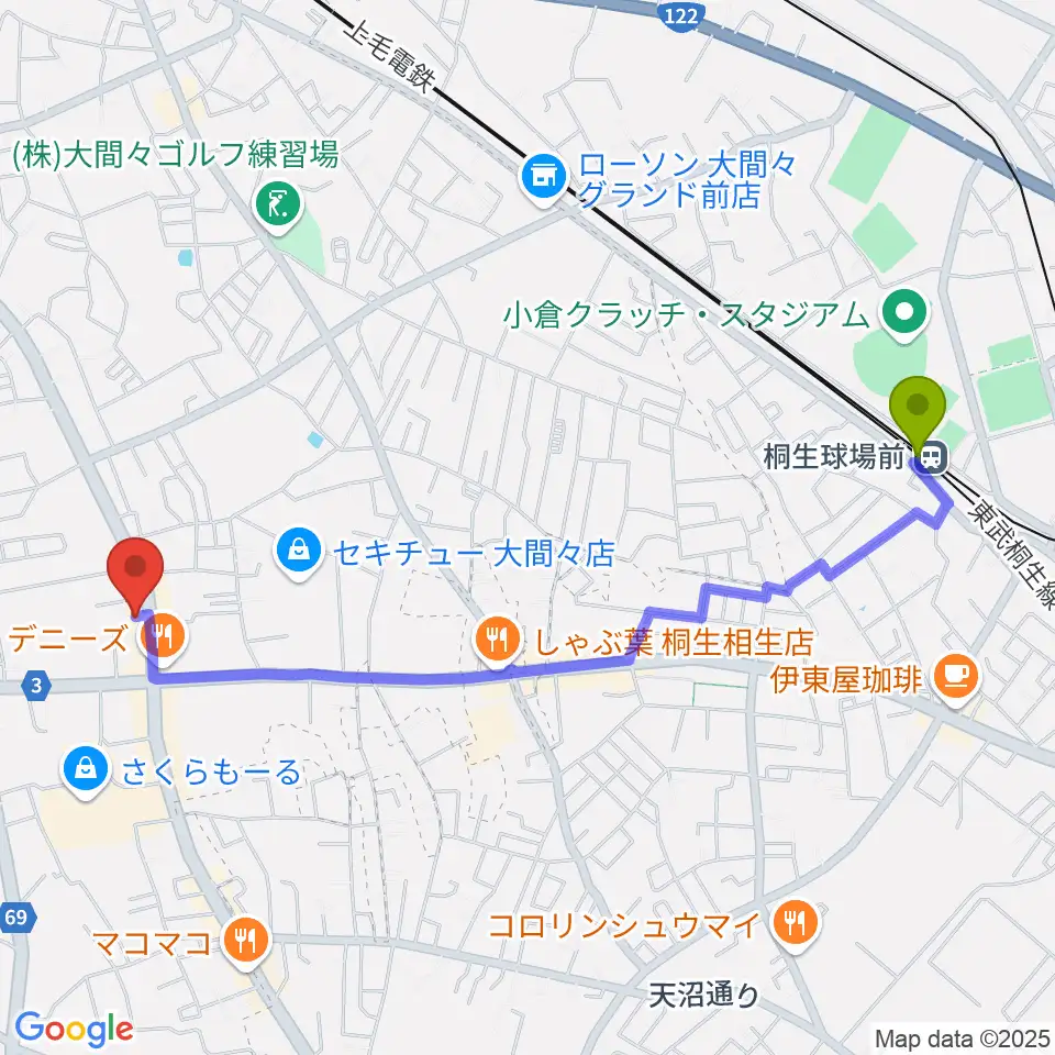 桐生球場前駅からWatar Road Guitarsへのルートマップ地図
