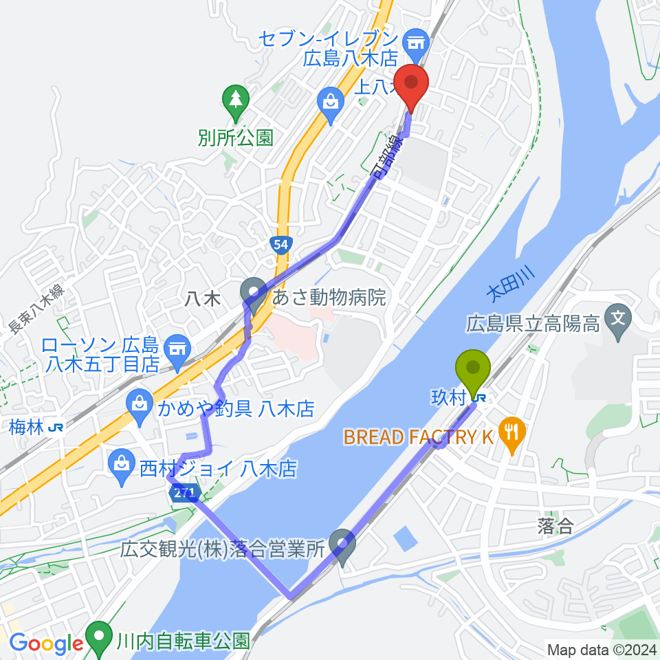 玖村駅から広島カフェ・テアトロ・アビエルトへのルートマップ地図