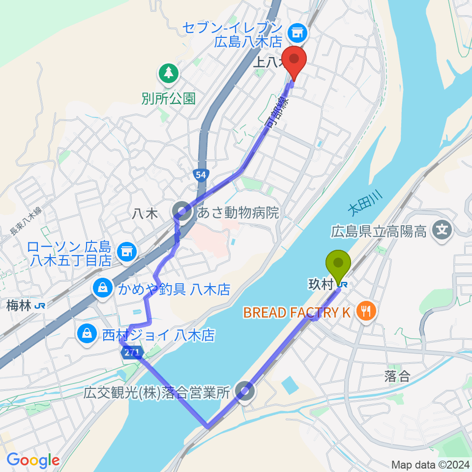 玖村駅から広島カフェ・テアトロ・アビエルトへのルートマップ地図