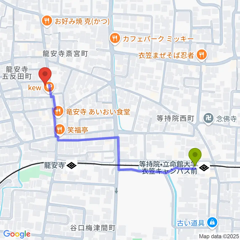 等持院駅から楽奏 gasso music studioへのルートマップ地図