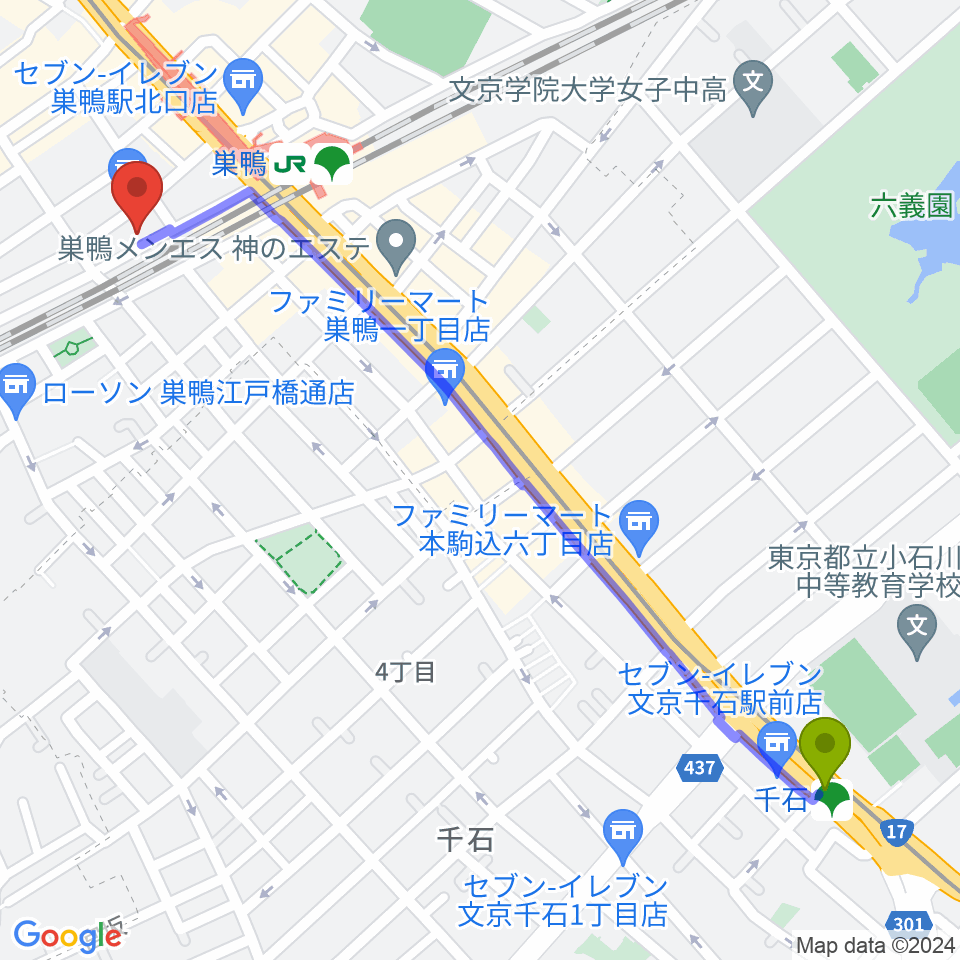 千石駅からスタジオMOONGLOWへのルートマップ地図