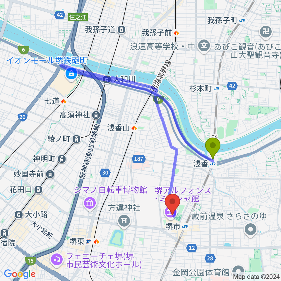 浅香駅からサンスクエア堺へのルートマップ地図