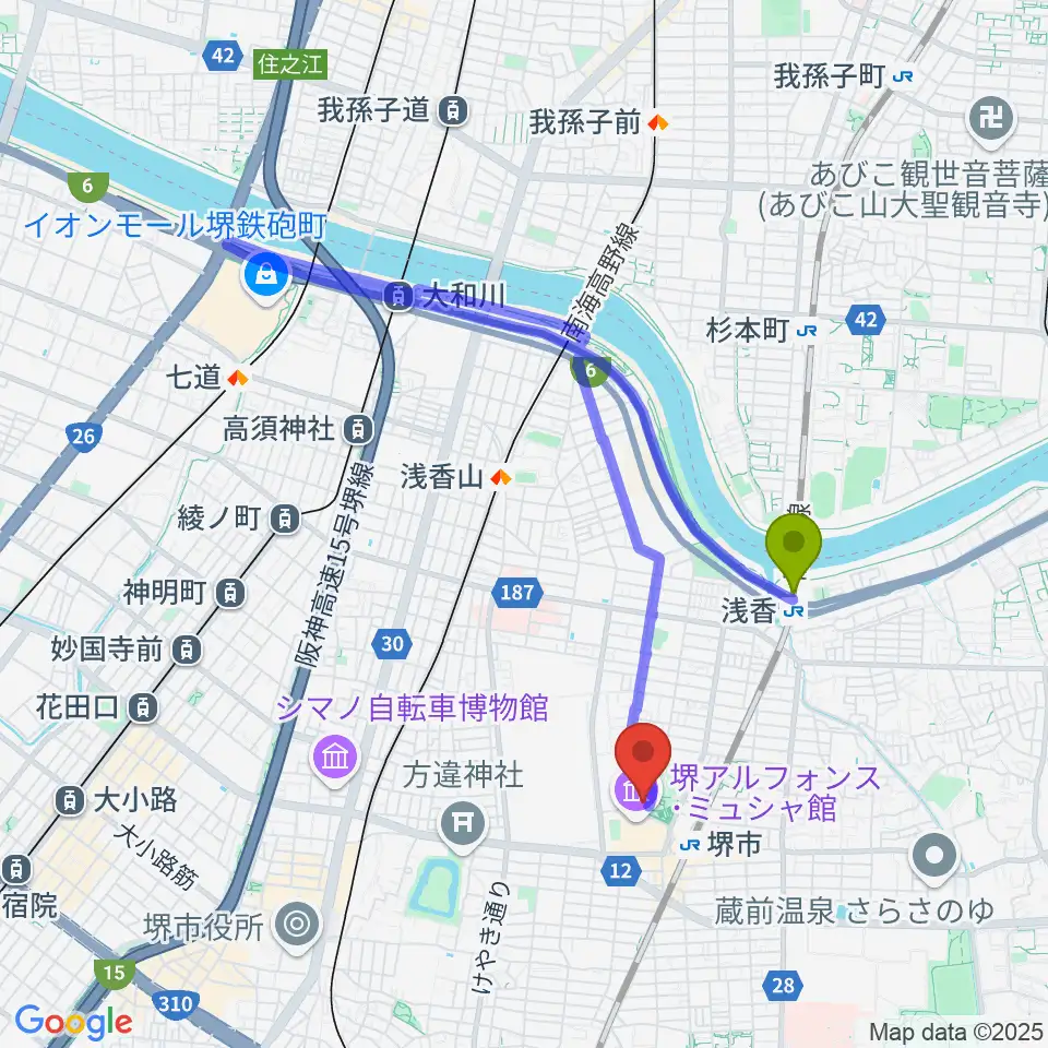 浅香駅からサンスクエア堺へのルートマップ地図