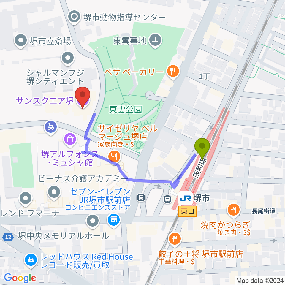 サンスクエア堺の最寄駅堺市駅からの徒歩ルート（約4分）地図