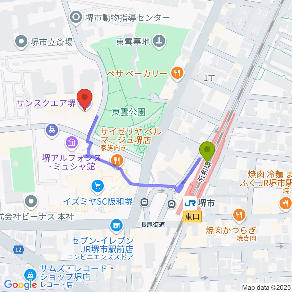 サンスクエア堺の最寄駅堺市駅からの徒歩ルート（約4分）地図