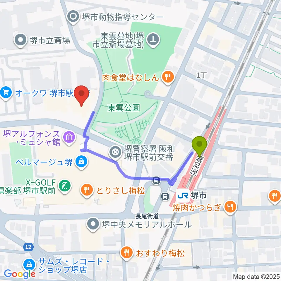 サンスクエア堺の最寄駅堺市駅からの徒歩ルート（約4分）地図