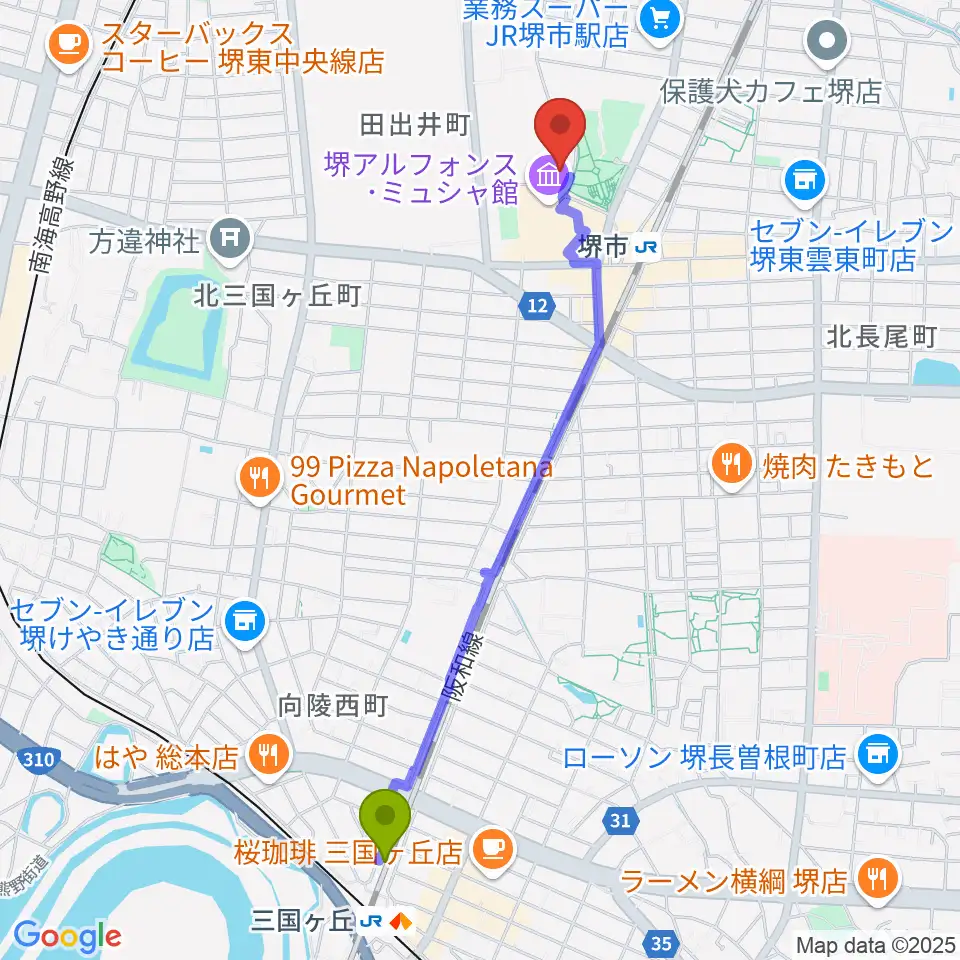三国ケ丘駅からサンスクエア堺へのルートマップ地図
