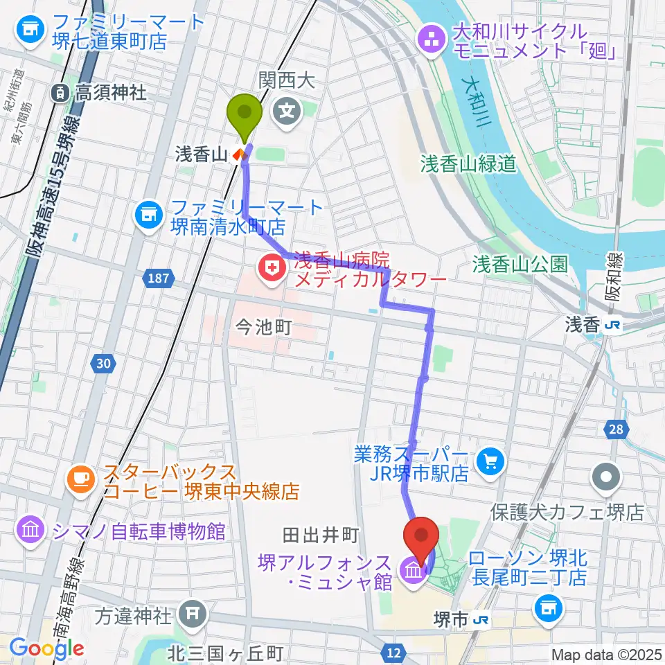 浅香山駅からサンスクエア堺へのルートマップ地図