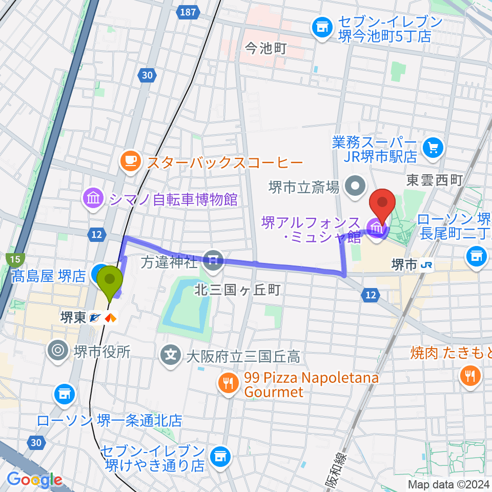 堺東駅からサンスクエア堺へのルートマップ地図