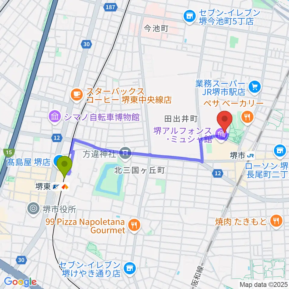 堺東駅からサンスクエア堺へのルートマップ地図