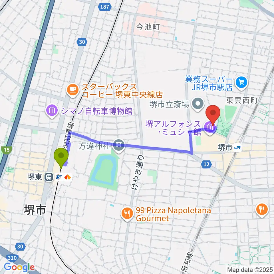 堺東駅からサンスクエア堺へのルートマップ地図