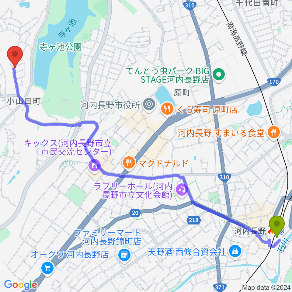 河内長野駅から田中ピアノサービスへのルートマップ地図