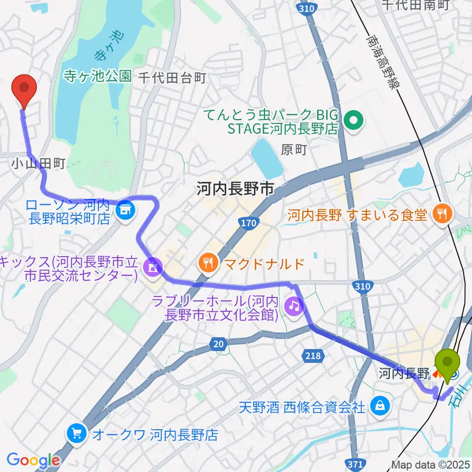 河内長野駅から田中ピアノサービスへのルートマップ地図