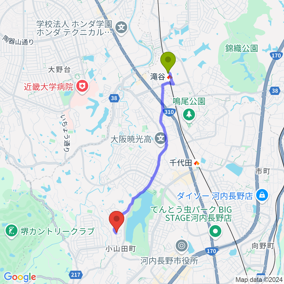 滝谷駅から田中ピアノサービスへのルートマップ地図