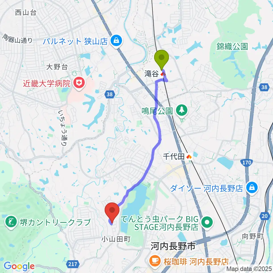 滝谷駅から田中ピアノサービスへのルートマップ地図