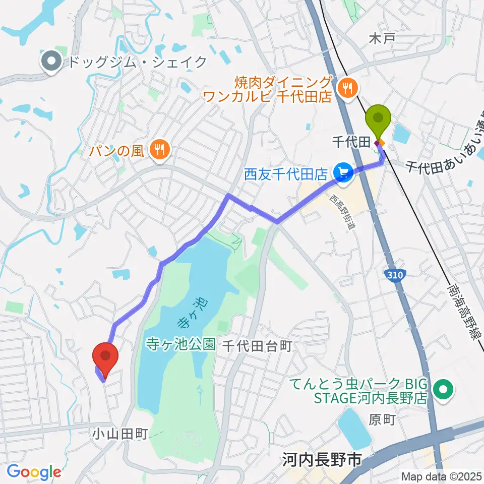 田中ピアノサービスの最寄駅千代田駅からの徒歩ルート（約24分）地図