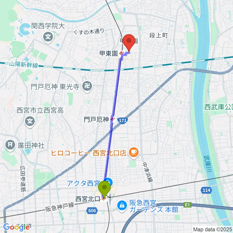 西宮北口駅からアールエイチワイ甲東園 貸し音楽練習室へのルートマップ地図
