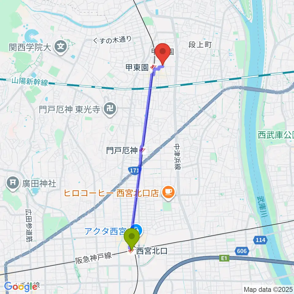 西宮北口駅からアールエイチワイ甲東園 貸し音楽練習室へのルートマップ地図