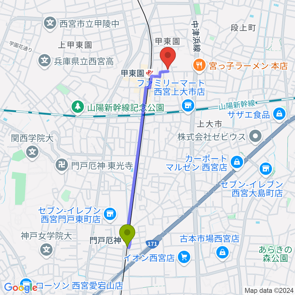 門戸厄神駅からアールエイチワイ甲東園 貸し音楽練習室へのルートマップ地図