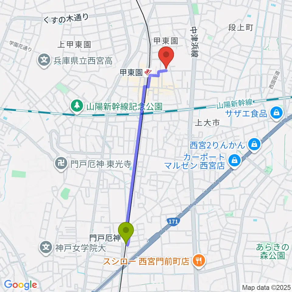 門戸厄神駅からアールエイチワイ甲東園 貸し音楽練習室へのルートマップ地図