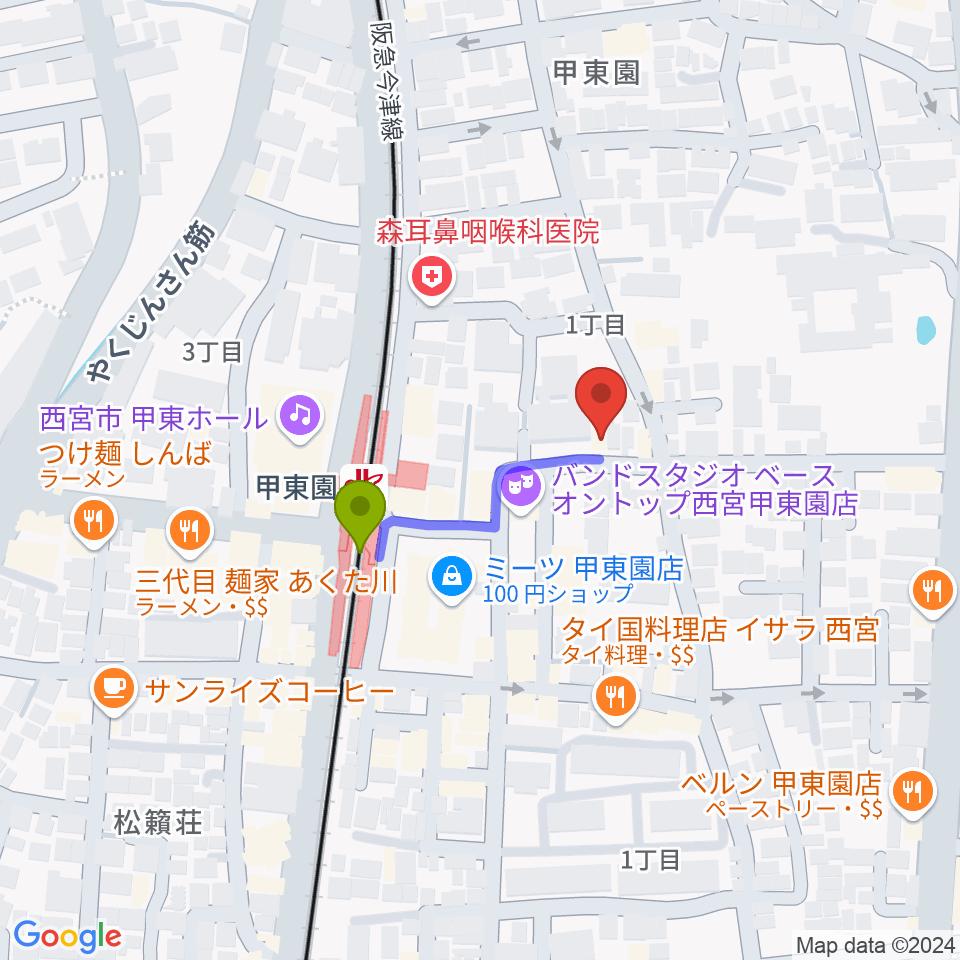 アールエイチワイ甲東園 貸し音楽練習室の最寄駅甲東園駅からの徒歩ルート（約2分）地図