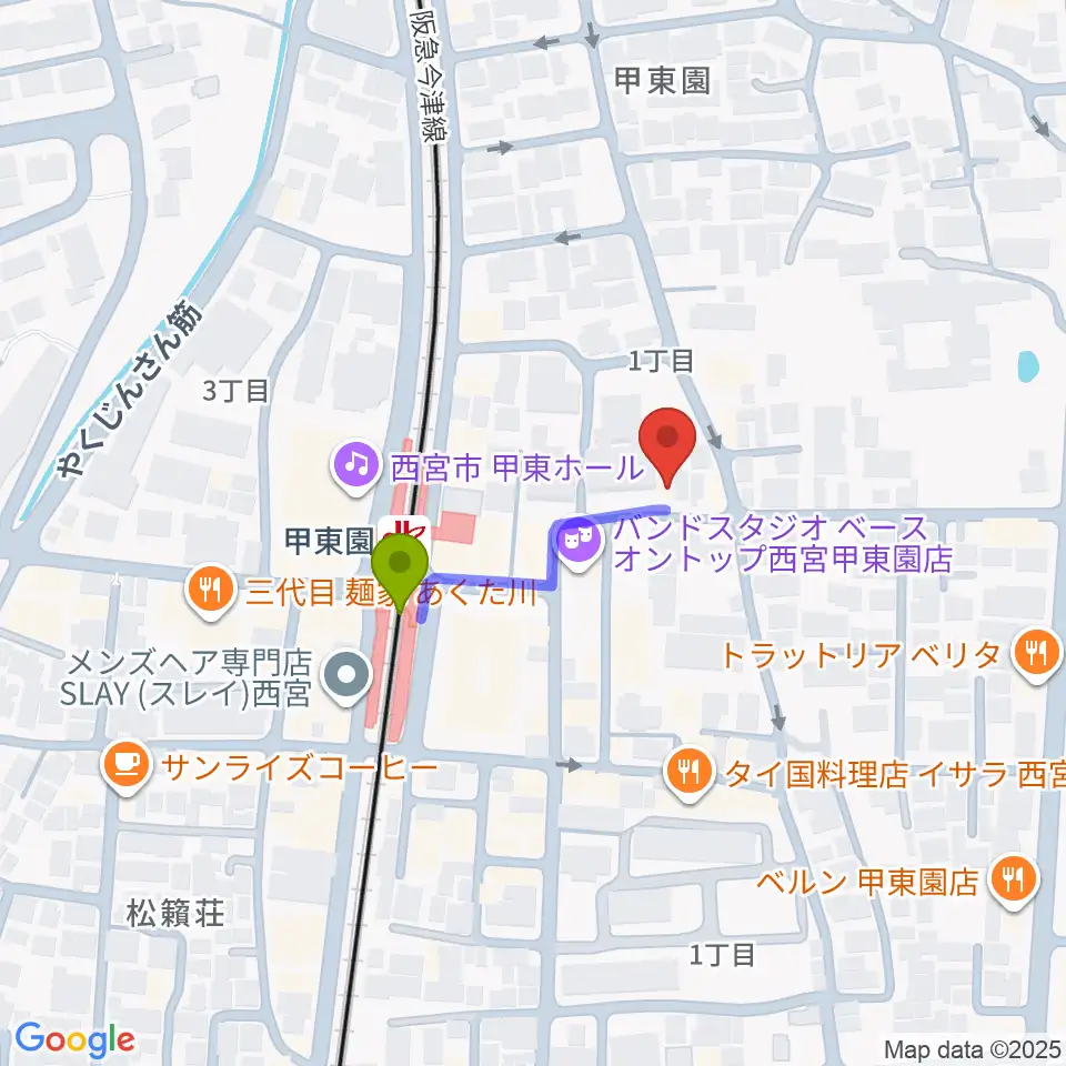 アールエイチワイ甲東園 貸し音楽練習室の最寄駅甲東園駅からの徒歩ルート（約2分）地図