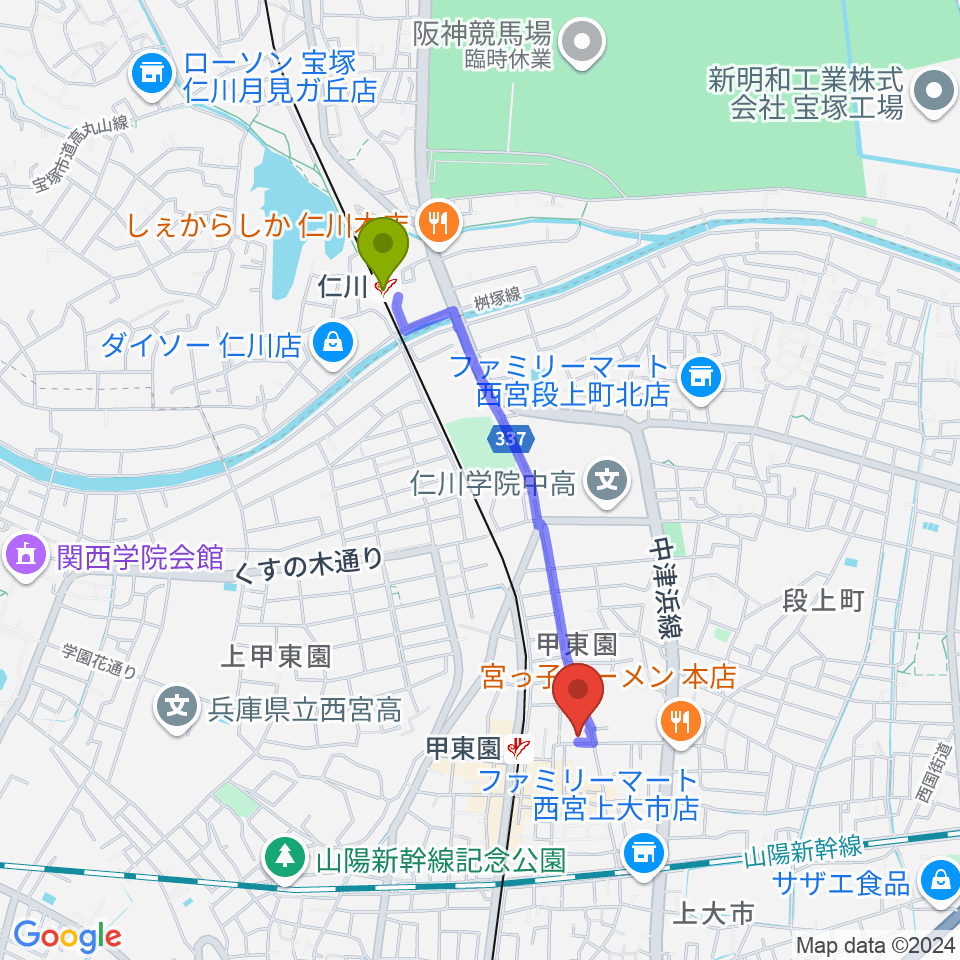 仁川駅からアールエイチワイ甲東園 貸し音楽練習室へのルートマップ地図