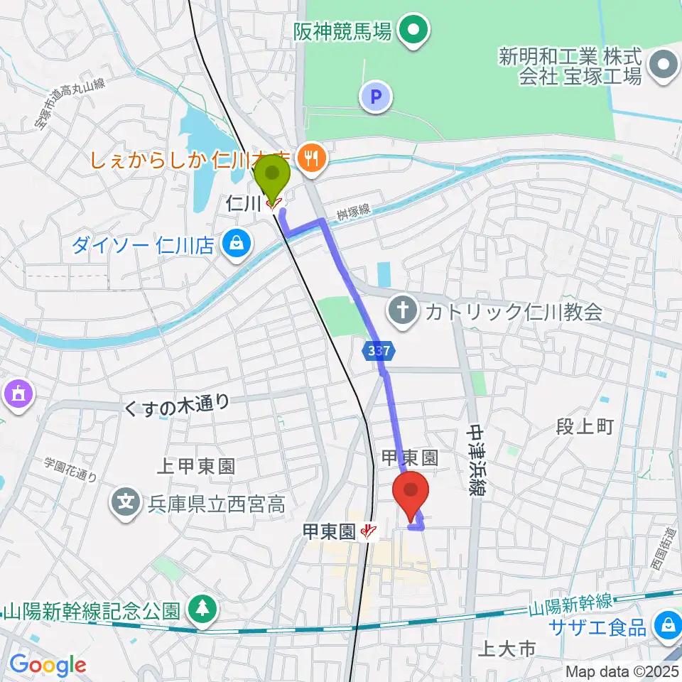 仁川駅からアールエイチワイ甲東園 貸し音楽練習室へのルートマップ地図