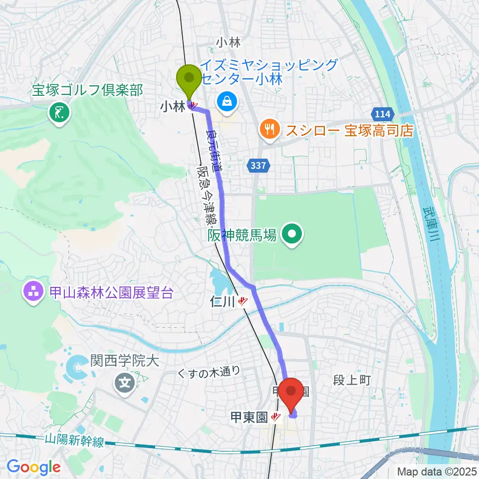 小林駅からアールエイチワイ甲東園 貸し音楽練習室へのルートマップ地図