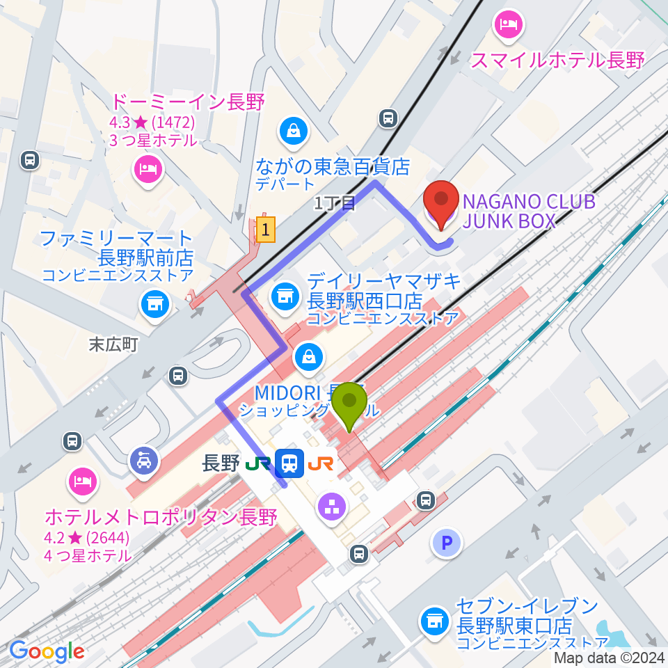 長野クラブジャンクボックスの最寄駅長野駅からの徒歩ルート（約3分）地図