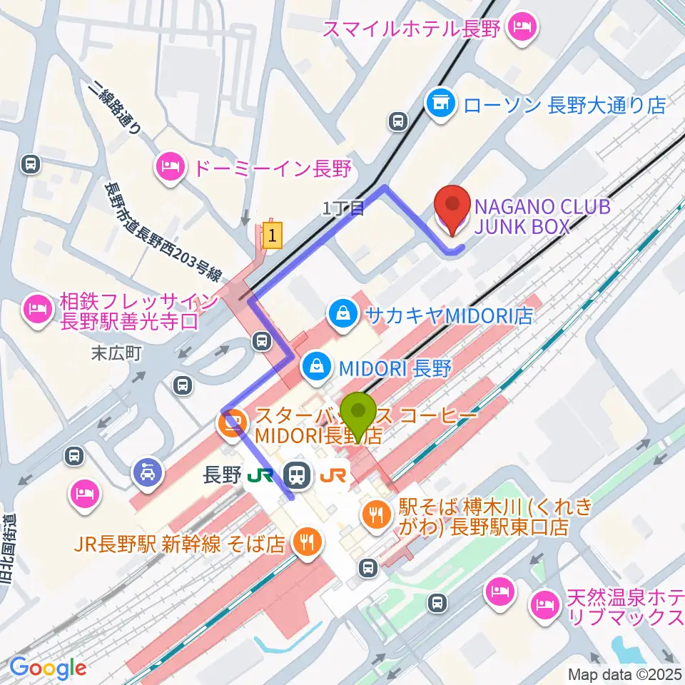 長野クラブジャンクボックスの最寄駅長野駅からの徒歩ルート（約3分）地図