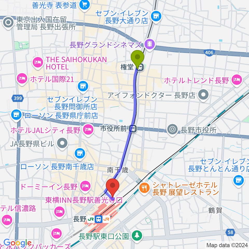 権堂駅から長野クラブジャンクボックスへのルートマップ地図