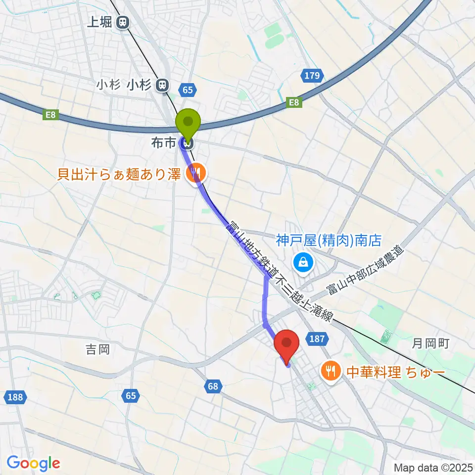 布市駅からアルパカ音楽教室へのルートマップ地図