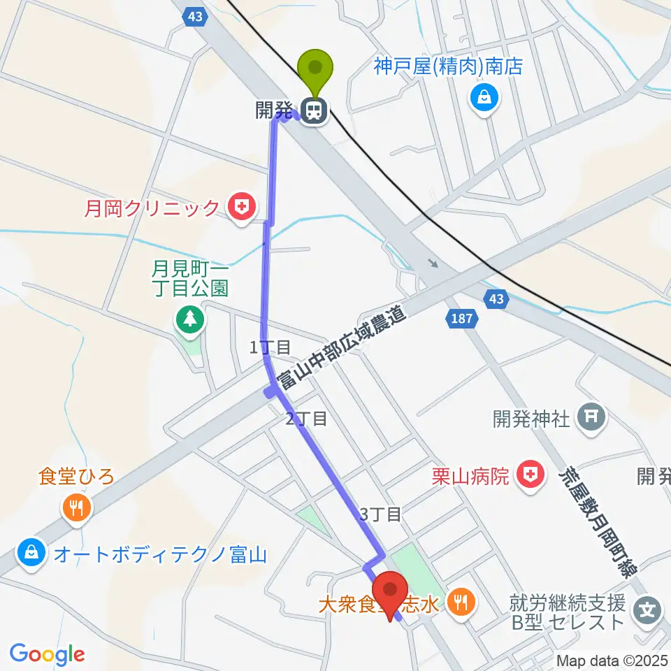 アルパカ音楽教室の最寄駅開発駅からの徒歩ルート（約12分）地図