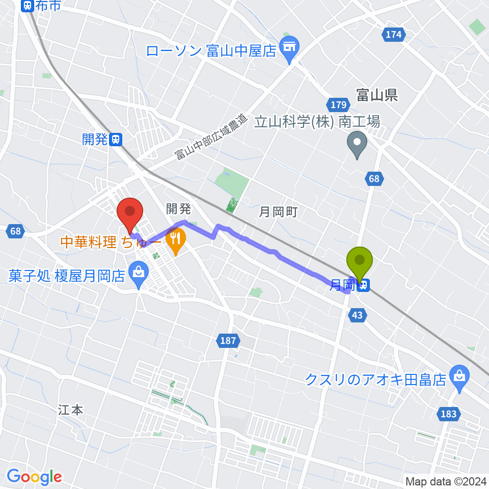 月岡駅からアルパカ音楽教室へのルートマップ地図