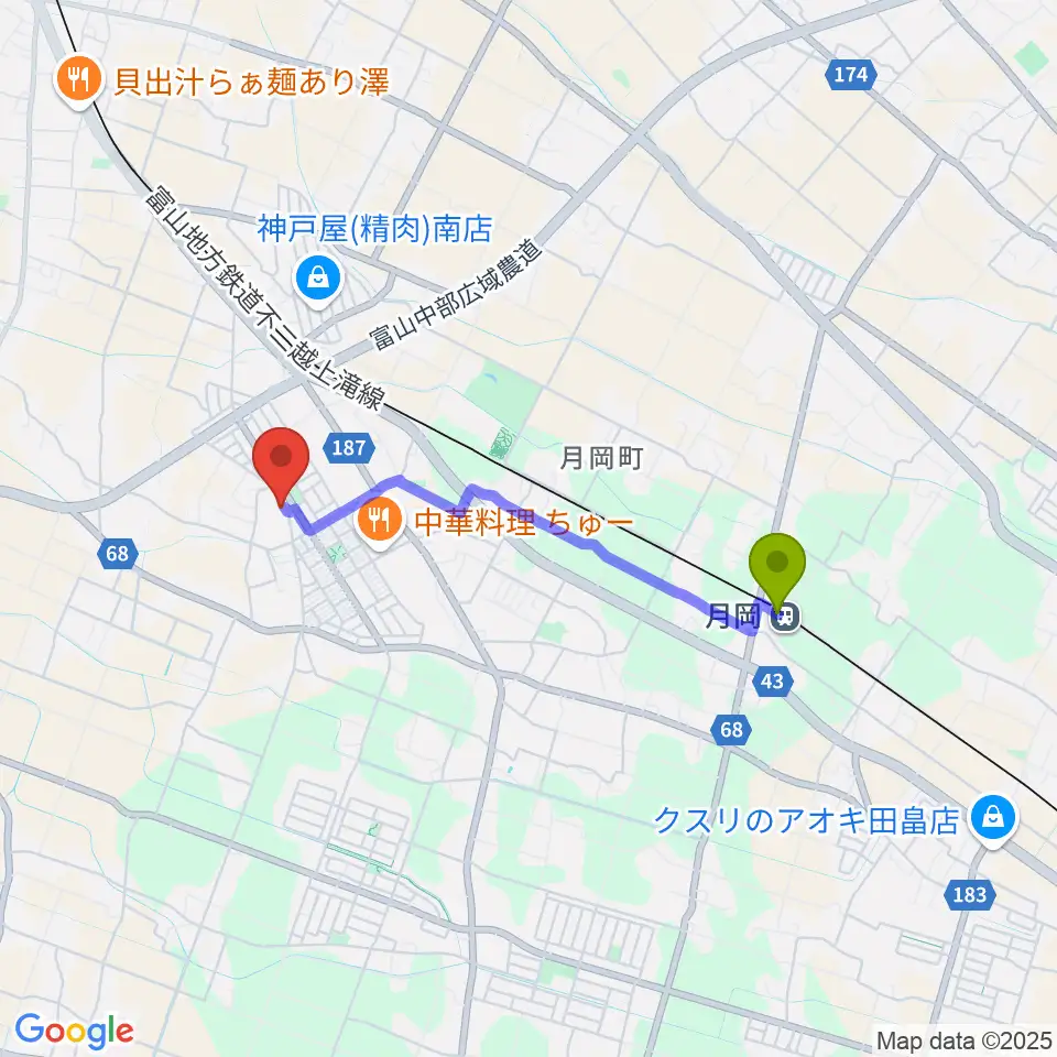 月岡駅からアルパカ音楽教室へのルートマップ地図