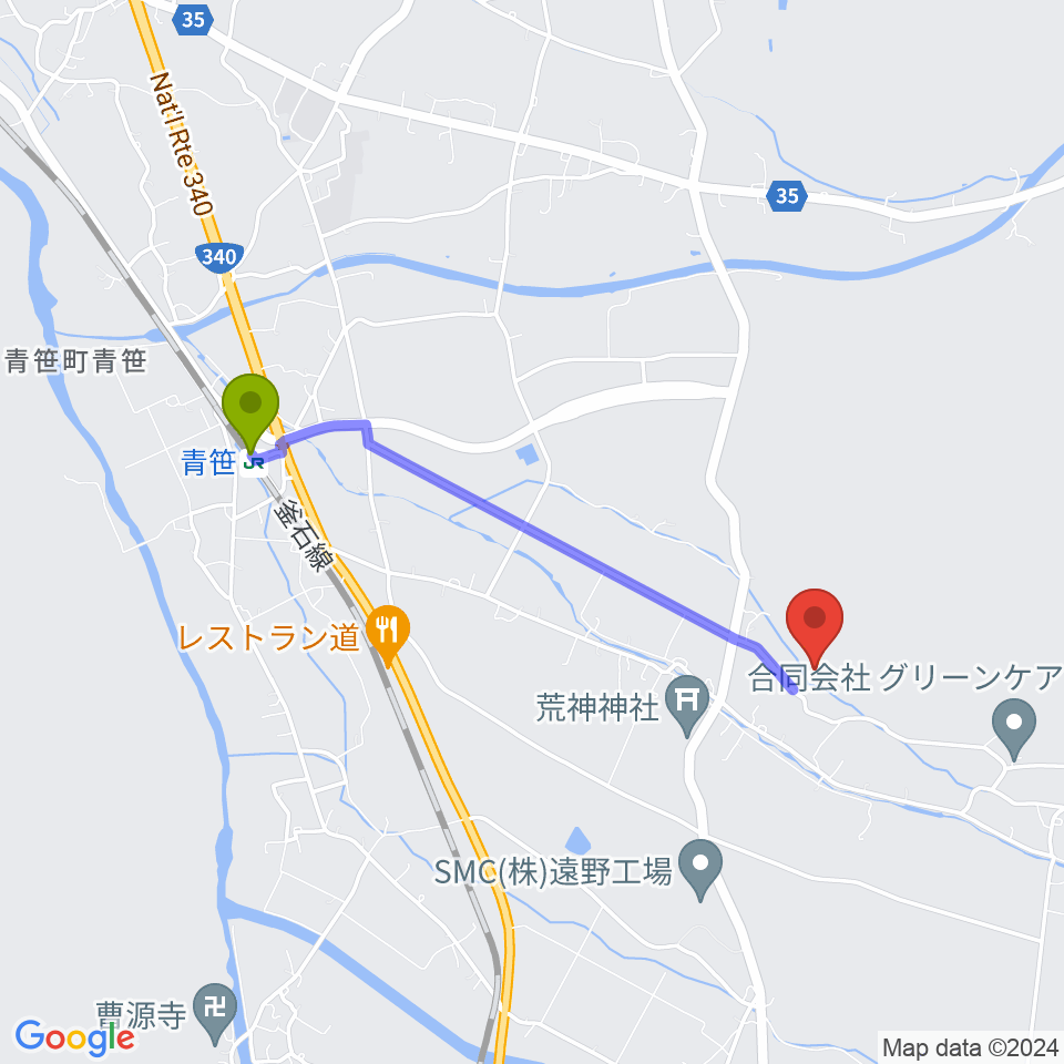 小田島ギター工房の最寄駅青笹駅からの徒歩ルート（約34分）地図