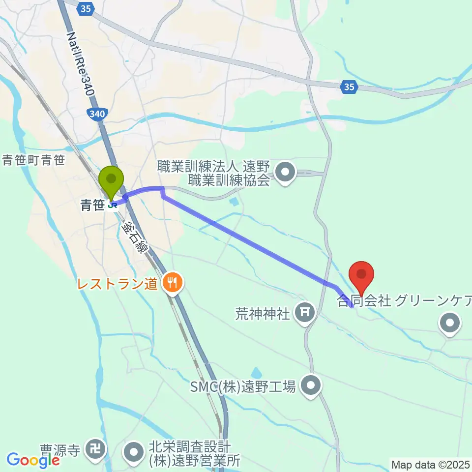 小田島ギター工房の最寄駅青笹駅からの徒歩ルート（約34分）地図