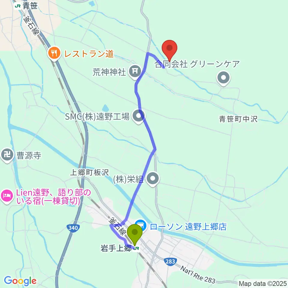 岩手上郷駅から小田島ギター工房へのルートマップ地図