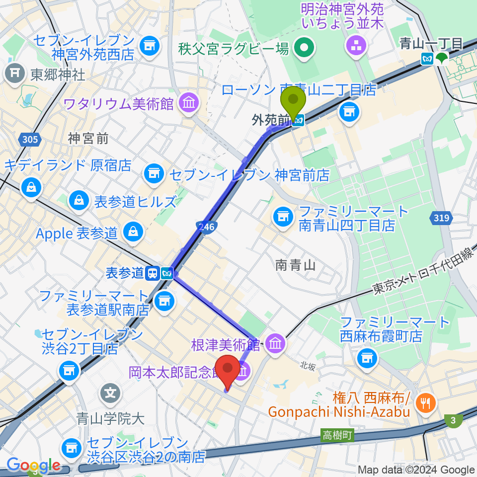 外苑前駅から南青山ZIMAGINEへのルートマップ地図