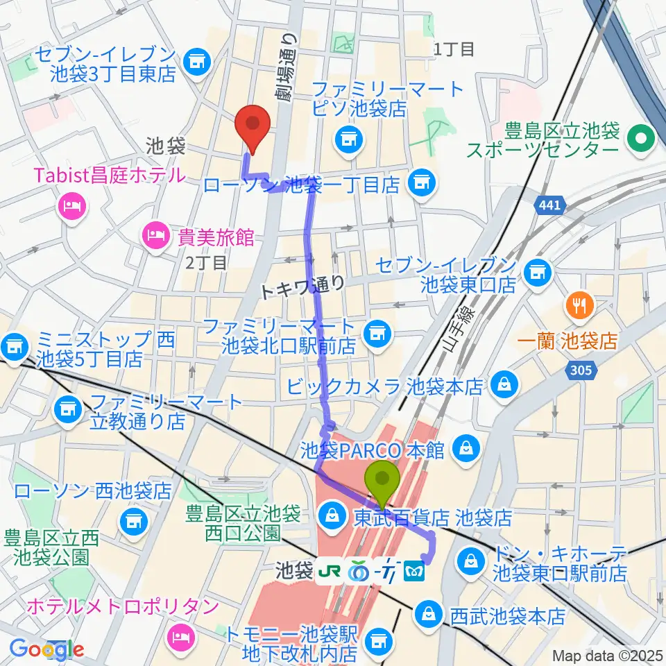 池袋P's Barの最寄駅池袋駅からの徒歩ルート（約9分）地図