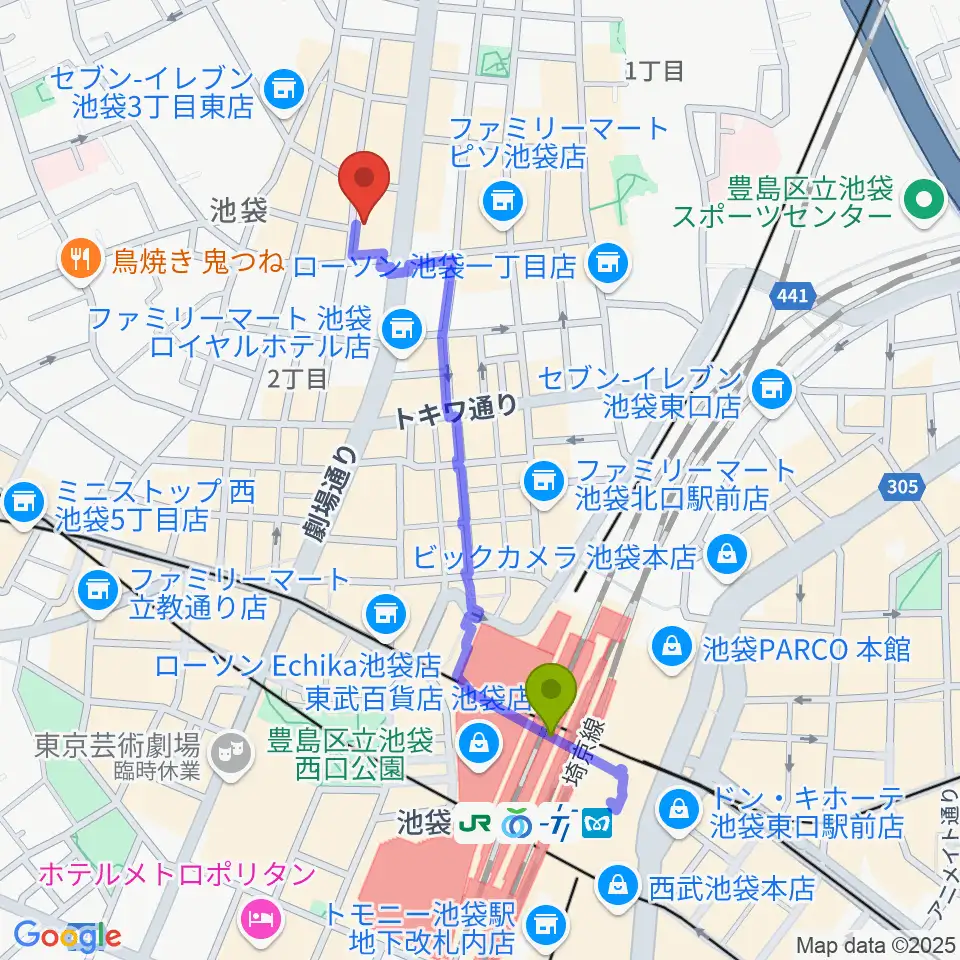 池袋P's Barの最寄駅池袋駅からの徒歩ルート（約9分）地図