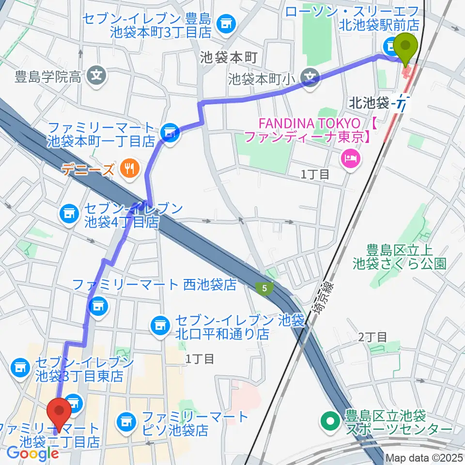 北池袋駅から池袋P's Barへのルートマップ地図