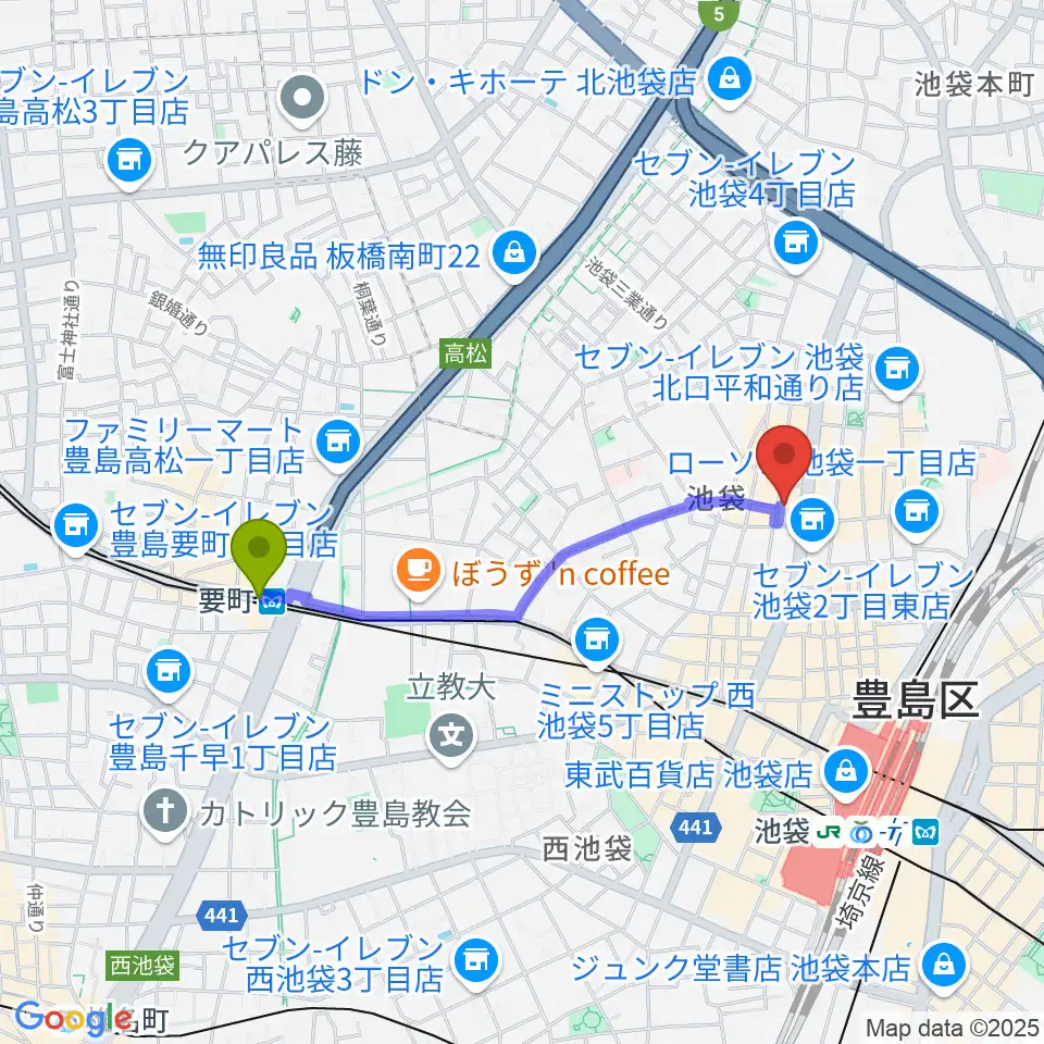 要町駅から池袋P's Barへのルートマップ地図